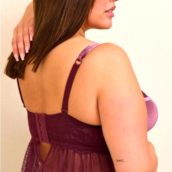 ❤️NWT VINTAGE TORRID LINGERIE BABYDOLL CHEMISE VELOUR LACE SHEER MESH WINE PLUS - Picture 3 of 12